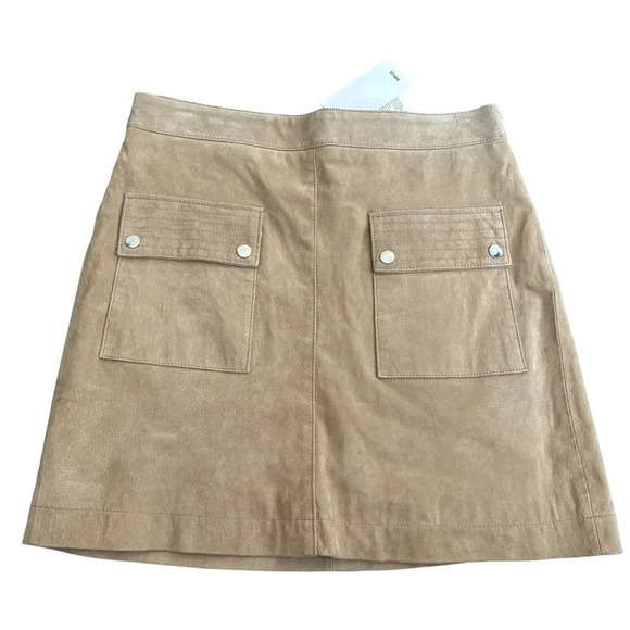NWT Mango MNG Khaki Beige Suede Mini Skirt Front Pockets Silver Hardware Medium - Picture 1 of 4